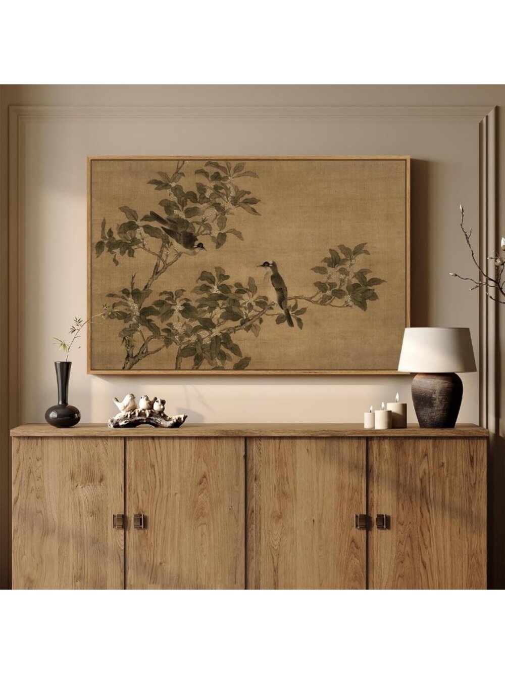 Framed Vintage Rustic Botanical Bird Wall Art - Chinoiserie Style, 24x36 In